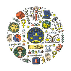Illustration of Libra zodiac sign. Element of Air. Design of Astrology Calendar, Horoscope, Print.