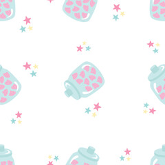 Seamless pattern for a little princess, with pink cookies, marshmallows in a jar. Festive vector background for printing on paper, fabric, packaging. Illustration in soft pastel colors.