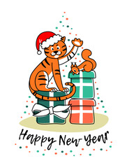 Tiger and New Year's gifts. New Year greeting card with tiger and squirrel. Flat vector illustration.