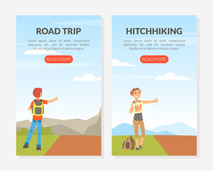 Hitchhiking or Thumbing with Man and Woman Character Stopping Car for Travelling Vector Landing Page Template