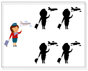 A logic game for kids find the right shadow, a flight attendant and an airplane. vector isolated on a white background