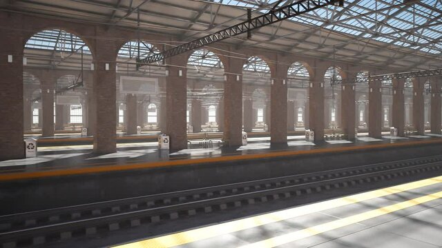 Looping animation of empty train station platforms. Trucks, railway traction.