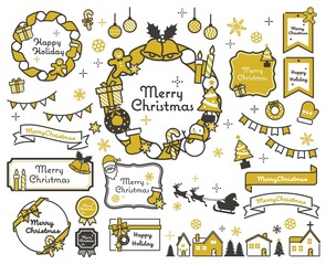 シンプルでかわいいクリスマスのフレームベクターイラスト素材／枠／リボン／リース／モノクロ