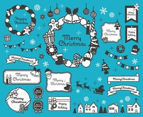 シンプルでかわいいクリスマスのフレームベクターイラスト素材／枠／リボン／リース／モノクロ