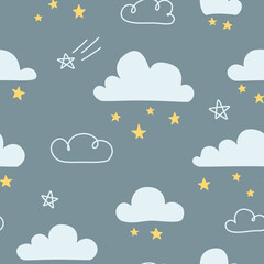Cute night sky cloud and rain of stars doodle pattern. Seamless texture for fabric, textile, wrapping, paper, stationery, nursery.
