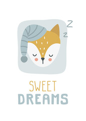 Cute sleeping scandinavian doodle fox portrait poster. Print for poster, apparel, fabric, paper, card, postcard, notes, nursery.