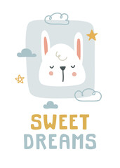 Cute scandinavian doodle sleeping bunny poster. Sweet dreams text. Print for poster, apparel, fabric, paper, card, postcard, notes, nursery.