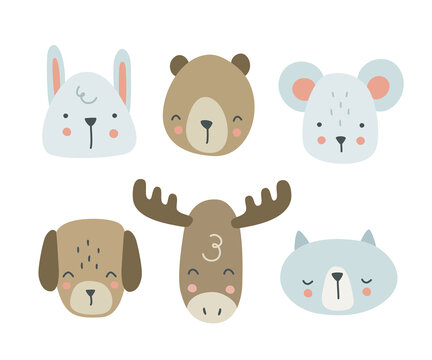 Set of cartoon cute scandinavian animals head. Childish bundle of funny faces.