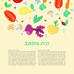 Diet and organic food. Vegetables and fruits in a flat style. The template is suitable for health magazines, food websites, and restaurant newsletters. Healthy food vector concept.