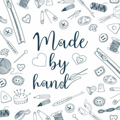 Art and craft sewing supplies, tools. Hand drawn isolated on white background. Handwritten font, lettering