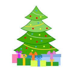 Christmas tree decorated with colored balls and ribbons. Gifts under the Christmas tree. White color background.