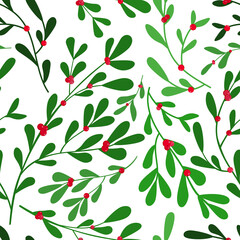 Christmas winter holidays green mistletoe branches and red berries vector seamless pattern. Isolated on white background. Great for greeting cards, invitations, winter holiday decorations.