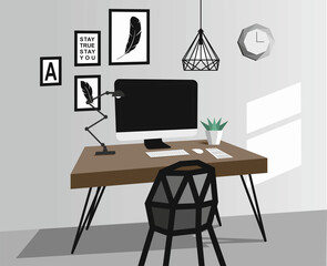Vector illustration with stylish interior. Desktop. Study place. Remote workplace. Scandinavian style. Interior.