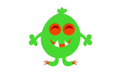 Cute silly monster. Eyes, tongue, tooth fang, hands up. Funny baby character design for print or use as poster, card, flyer or T Shirt