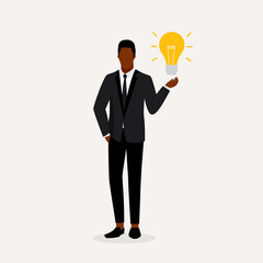 Black Businessman With Light Bulb Standing.