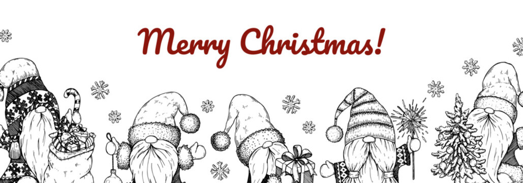 Hand drawn horizontal Happy New Year and Merry Christmas greeting card with cute gnomes. Vector illustration in sketch style
