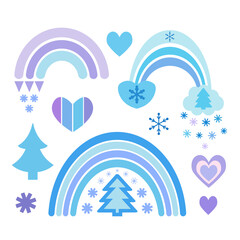 Winter vector rainbow collection in flat style. Cute illustration in blue on the theme of Christmas, New Year, cozy winter. Rainbows, snowflakes, trees, hearts