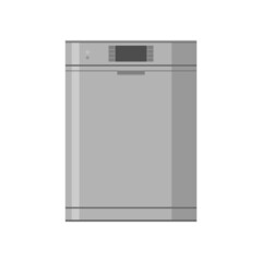 Stainless steel dishwasher. Front view of a closed dishwasher with a digital display for washing control.