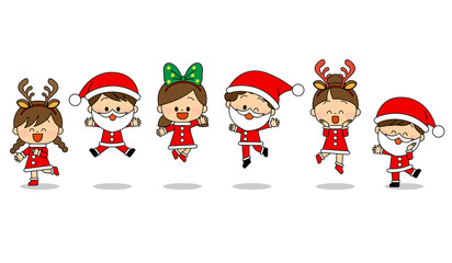 サンタクロースの仮装でジャンプしている子供たち