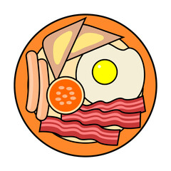 Full breakfast with sausages, bacon, toasts, fried egg, and beans. Breakfast plate isolated on white.