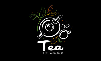 Vector logo with a painted teapot, a cup of tea and leaves on a black background