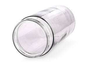 glass empty jar on the side isolated on white background