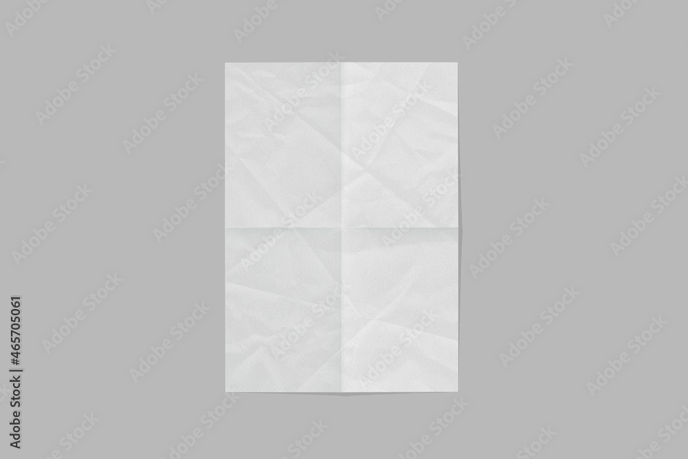 Poster empty blank white folded crumpled paper mock up isolated on a grey background. a4 sheet of an empty 