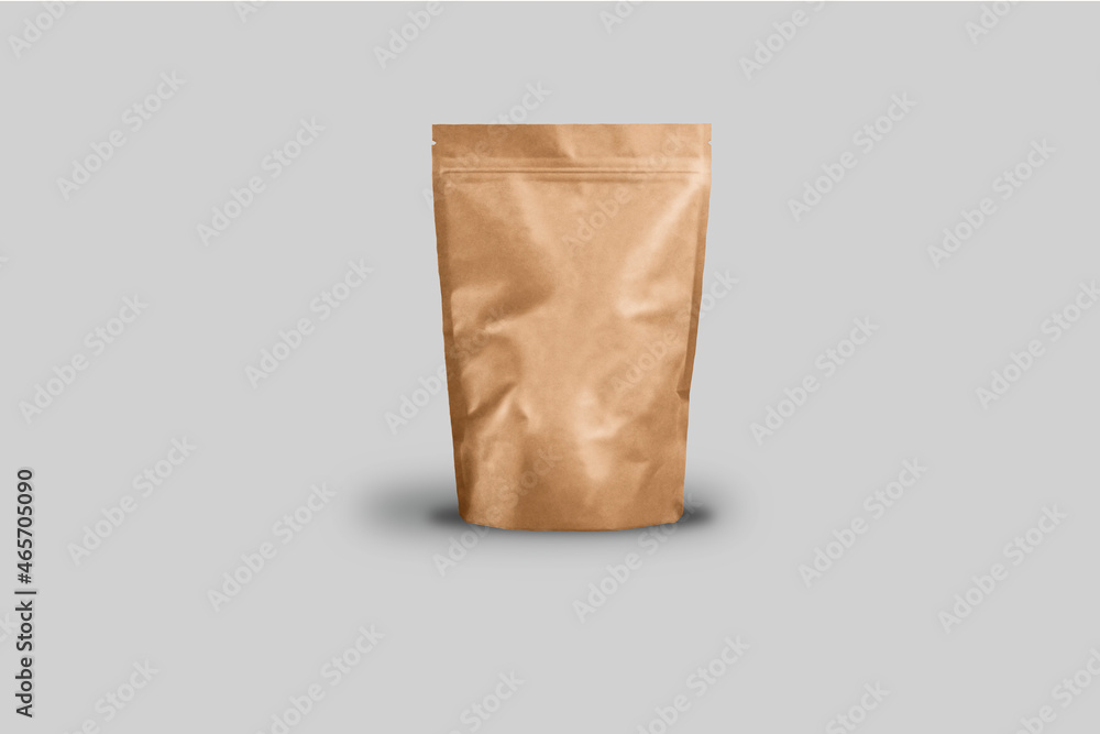 Poster kraft paper package or bag with zip lock isolated on grey background. mock up.zero waste content. 3d