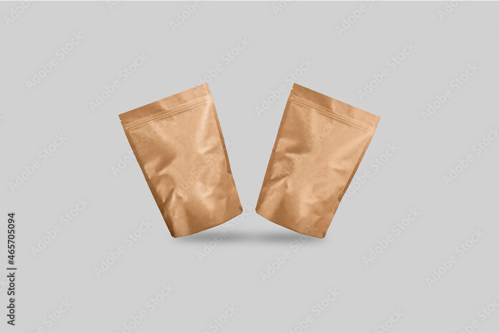 Poster kraft paper package or bag with zip lock isolated on grey background. mock up.zero waste content. 3d