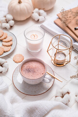 Autumn and winter still life with hot chocolate and cocoa, cookies, candles