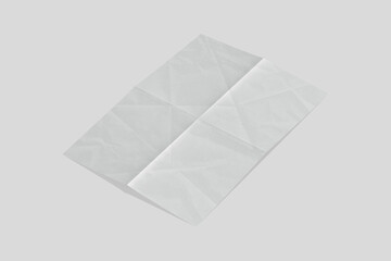 Empty blank white folded crumpled paper Mock up isolated on a grey background. a4 sheet of an empty blank white folded paper. 3d rendering.