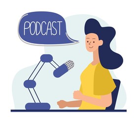 Plakat Podcast concept. An illustration about the podcast. A girl talking into a microphone and sitting at a table. Flat vector in a fashionable style.