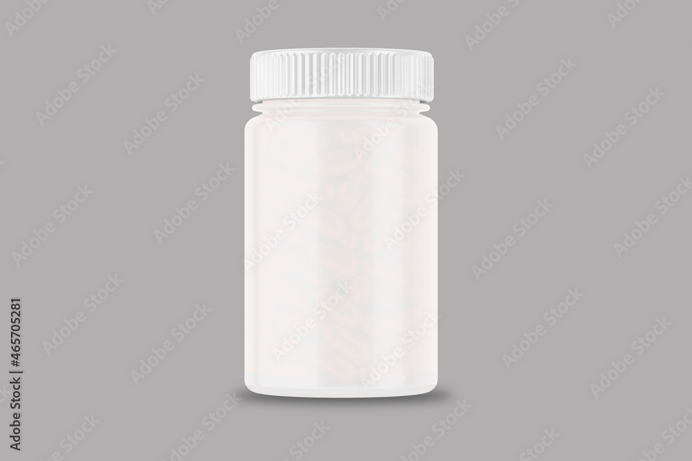 Poster empty blank pills bottle mock up isolated on grey background. 3d rendering.