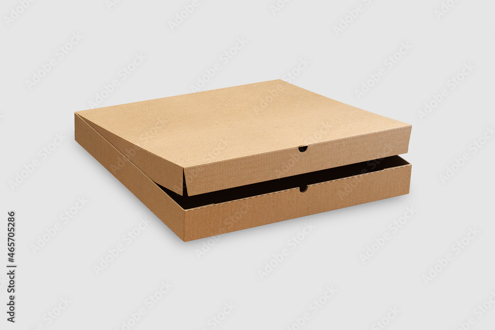 Poster cardboard pizza box mock up isolated on a grey background. zero waste concept. 3d rendering.
