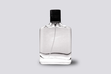 Empty blank white perfume cosmetic bottle Mock up isolated on a grey background. 3d rendering. - obrazy, fototapety, plakaty