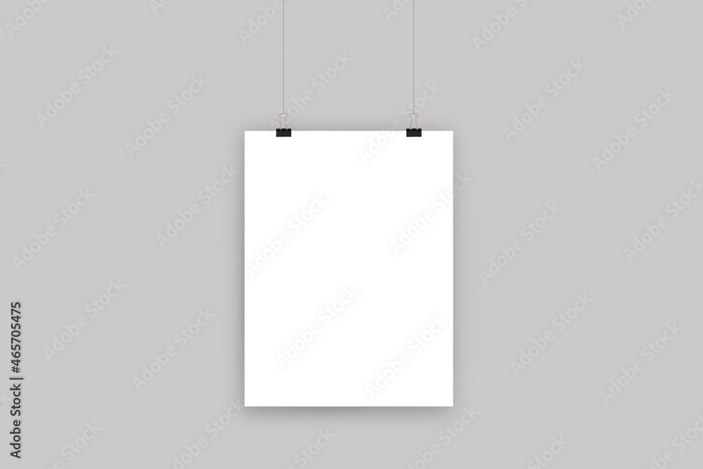 Poster hanging empty blank posters mockup isolated on a grey background. 3d rendering.