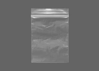 Transparent plastic zip lock bag isolated on a dark background. 3d rendering.
