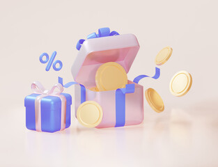 Opening gift box with coins, percent and payment., 3d rendering