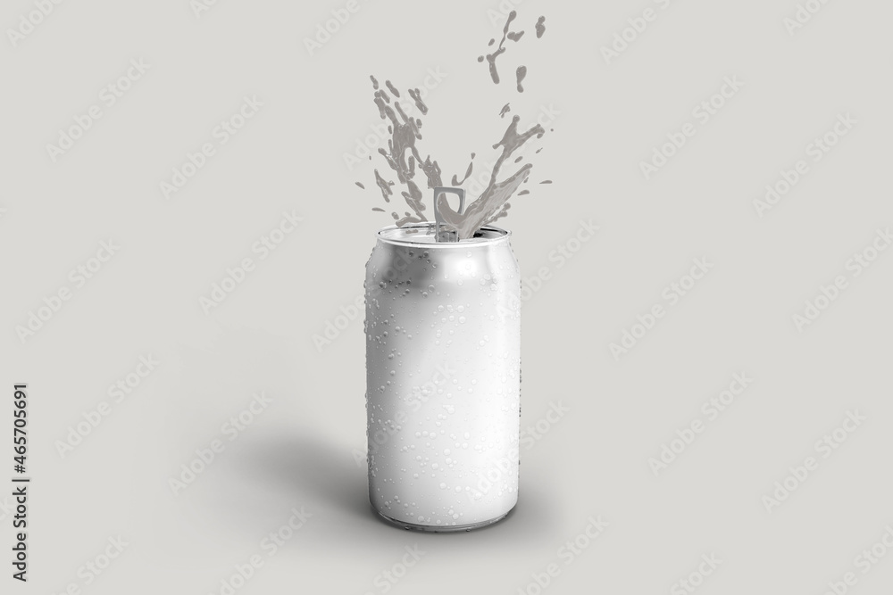 Poster soda can with water droplets and splashes mock up isolated on grey background. 3 d rendering.