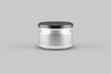 Empty blank small glass jar mock up isolated on a grey background. zero waste eco friendly 
concept. can be used for design jars with honey, jam caviar or other preserves. 3d rendering. 