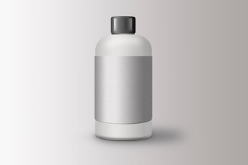 Blank white matte plastic bottle mockup with cap, isolated on grey background. 3D rendering, supplement jar, sport nutrition, cosmetic or medical container template, realistic product packaging,