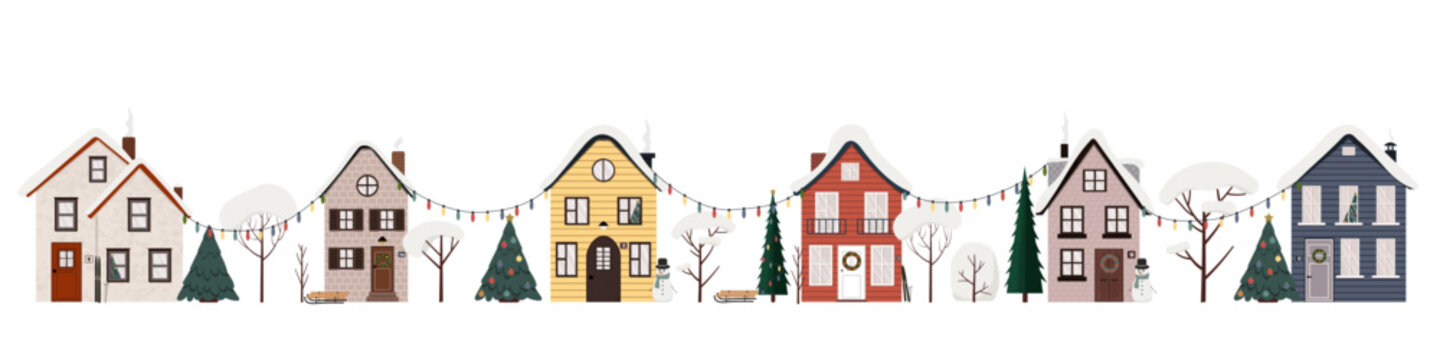 Vector illustration of winter street. Urban landscape with cute houses, trees in snow and christmas garlads, snowman. Flat buildings isolated on white background. 