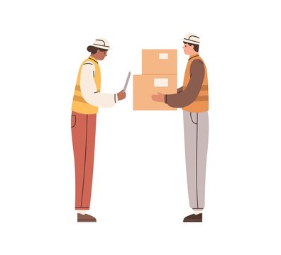 Warehouse workers scanning QR code on cardboard box. Stockroom employees with scanner checking carton package for delivery. Storehouse technology. Flat vector illustration isolated on white background