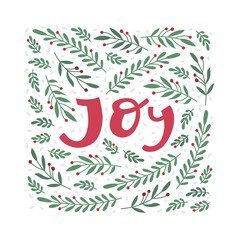 Square Christmas illustration with word Joy and abstract branches with leaves. Red and green illustrations on white background. Vector.