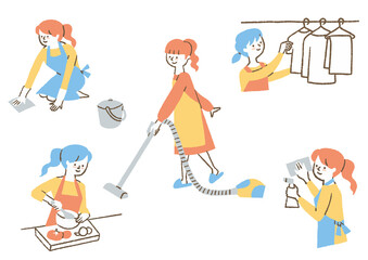 家事で忙しい女性_セット_色