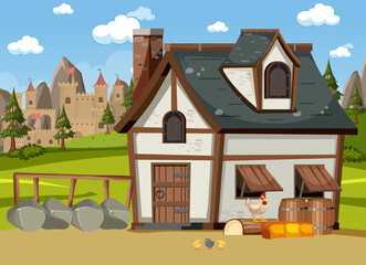 Obraz na płótnie Canvas Medieval town scene with old barn