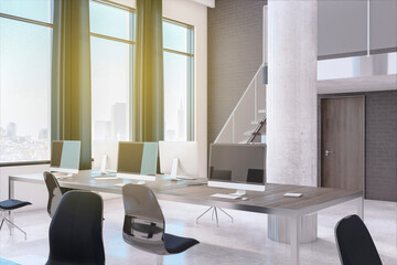 Luxury two-storey coworking office interior with windows, city view, curtains, daylight, furniture and equipment. 3D Rendering.