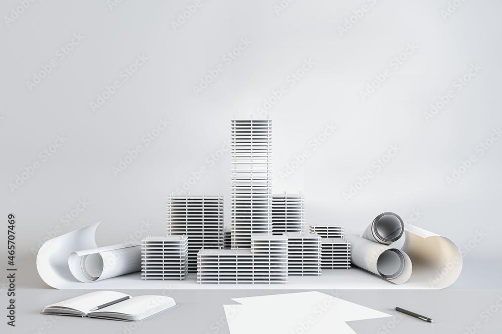 Poster skyscraper project with paperwork on white background. architecture and engineering concept. 3d rend