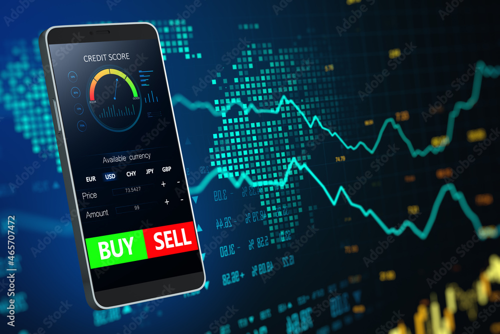 Poster Close up of mobile phone with forex chart and sell, buy buttons on dark background. Stock exchange, cryptocurrency and global fund information concept. 3D Rendering.