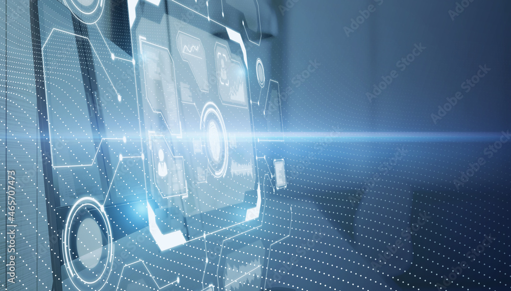 Aufkleber Abstract glowing finger print security interface on blurry background with mock up place. Web protection, future and safety concept. 3D Rendering.
